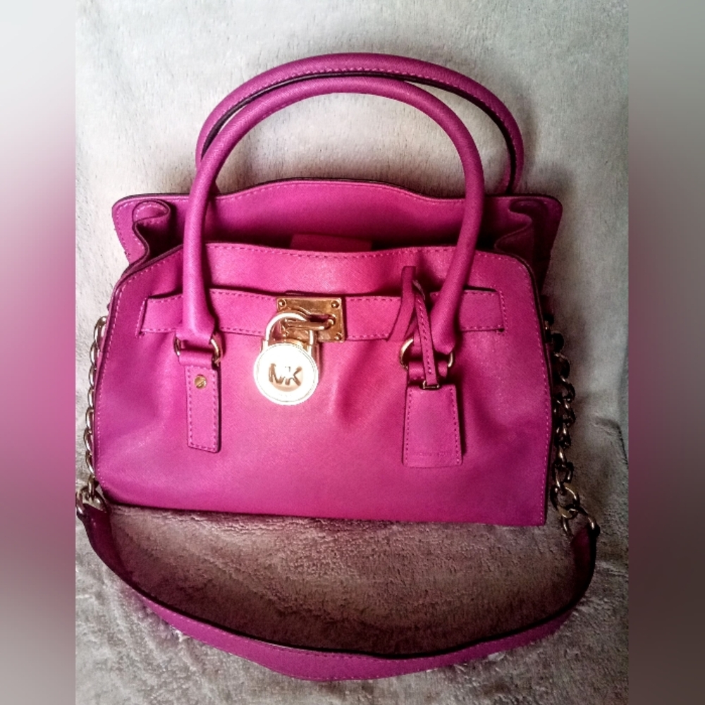 Michael Kors Fushia Hamilton Structured Leather Satchel Handbag w/ Gold Hardware